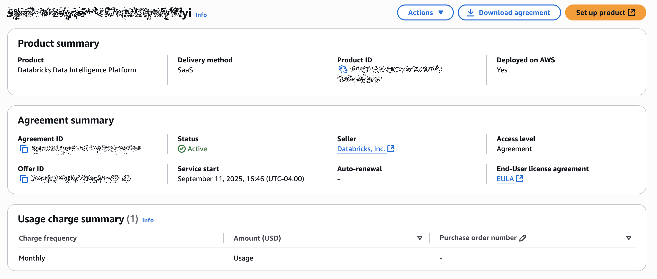 Databricks Data Intelligence Platform subscription showing enterprise access