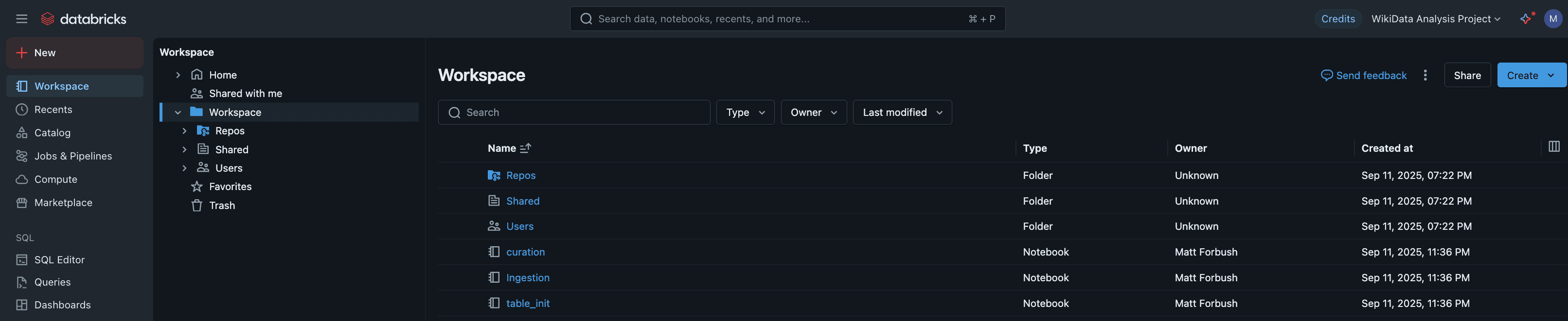 Databricks workspace showing active notebooks and development files